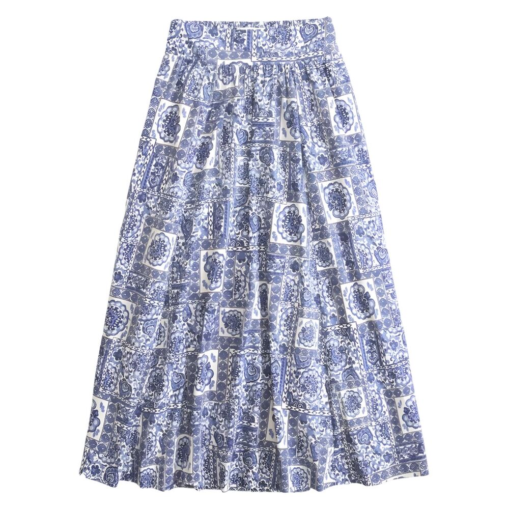 Abercrombie NWOT Pattern Mixed Poplin Tiered Maxi Skirt Blue Tile Print PM - Picture 2 of 13